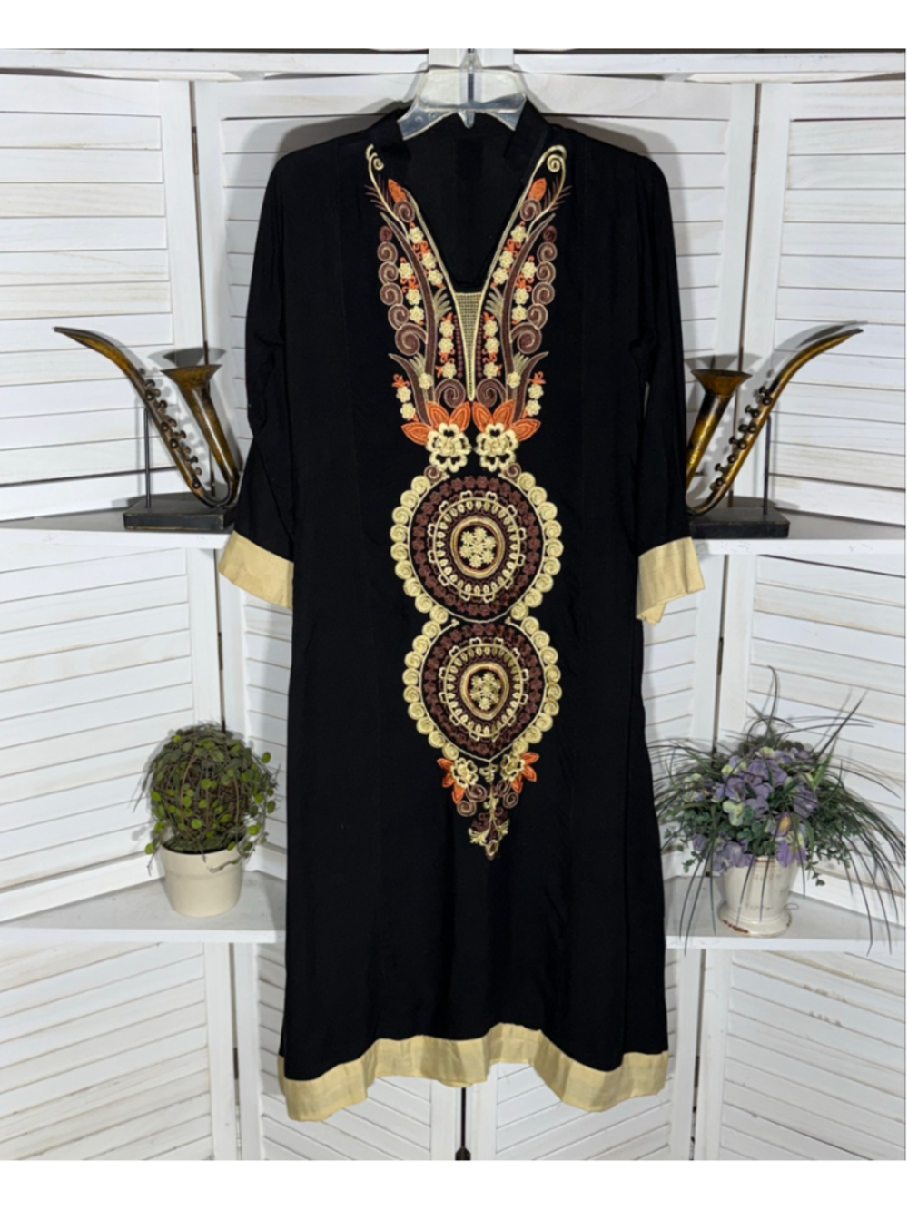 Vintage Kaftan dress black gold embroidery cotton hippie boho whimsigoth sz M L